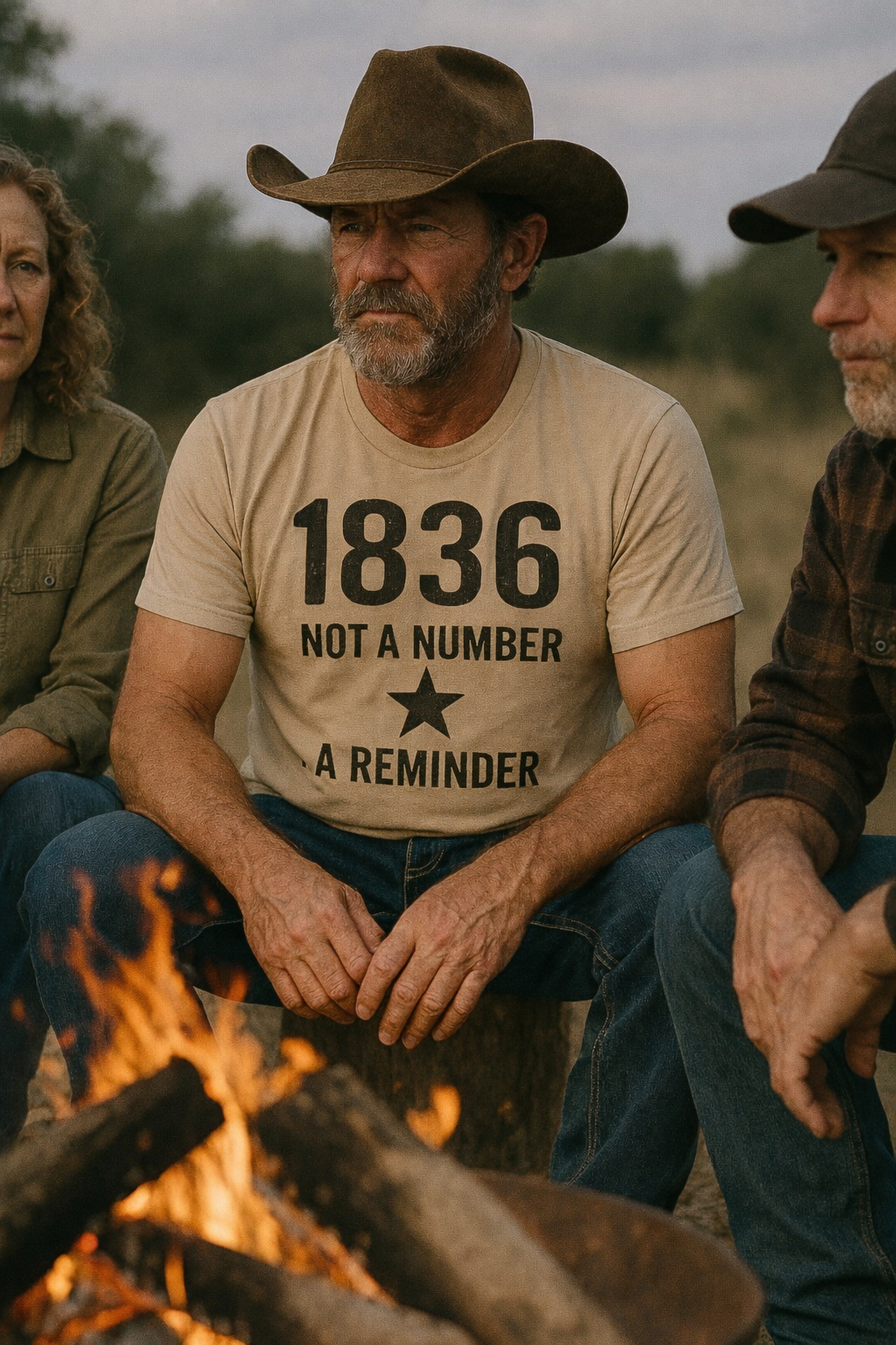 Man wearing a t-shirt with '1836 Not a Number A Reminder' sitting by a campfire with two other people.